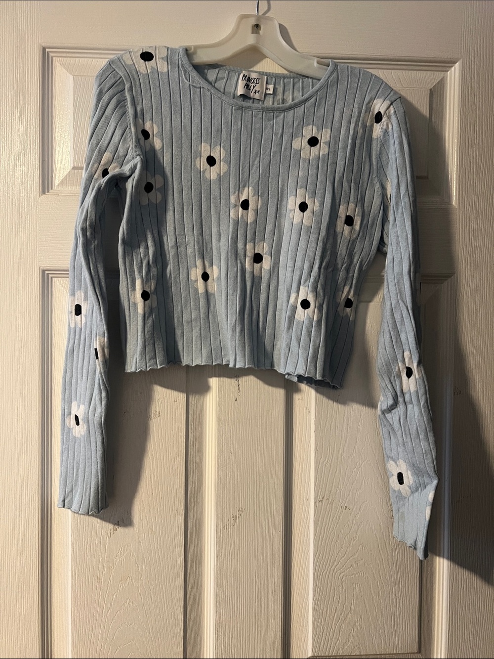 Princess Polly Light Blue Ribbed Daisy-Print Cropped Sweater